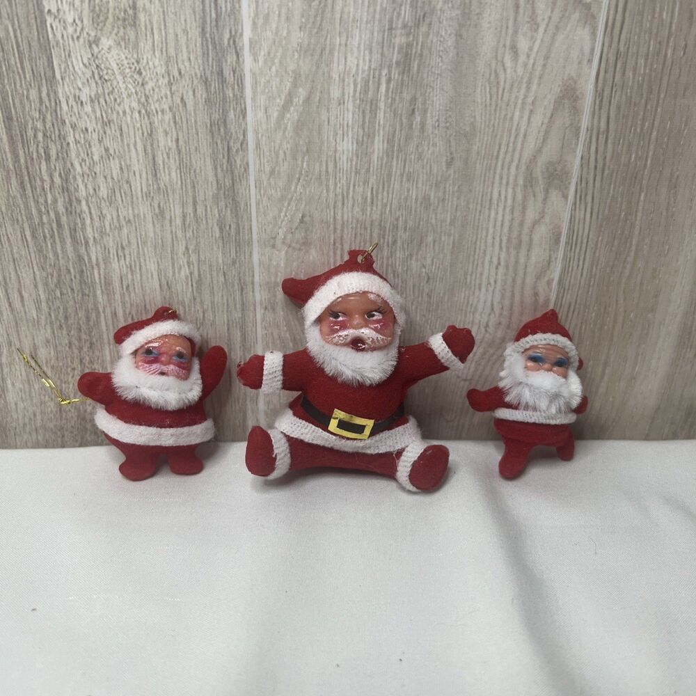 Vintage Santa Christmas Ornaments Figures Flocked Felt Lot of 3
